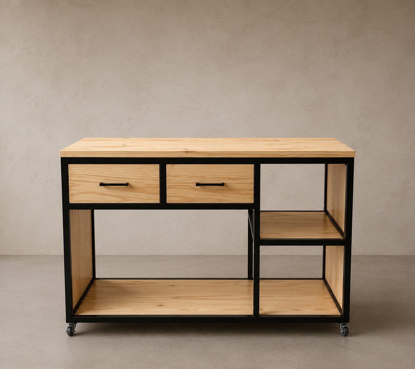 Isla industrial para quincho · Hierro caño 30-30 epoxi negro · Eucalipto compensado 20 mm laca transparente satinada · Ruedas 50 mm · Córdoba — mueble a medida de RGM Soluciones