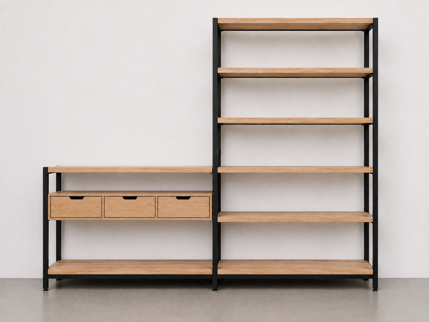 Estantería vajillero con cajonera · Hierro caño 30-30 epoxi negro · Álamo 30 mm hidrolaca poliuretánica · Correderas Hafele · Córdoba — mueble a medida de RGM Soluciones