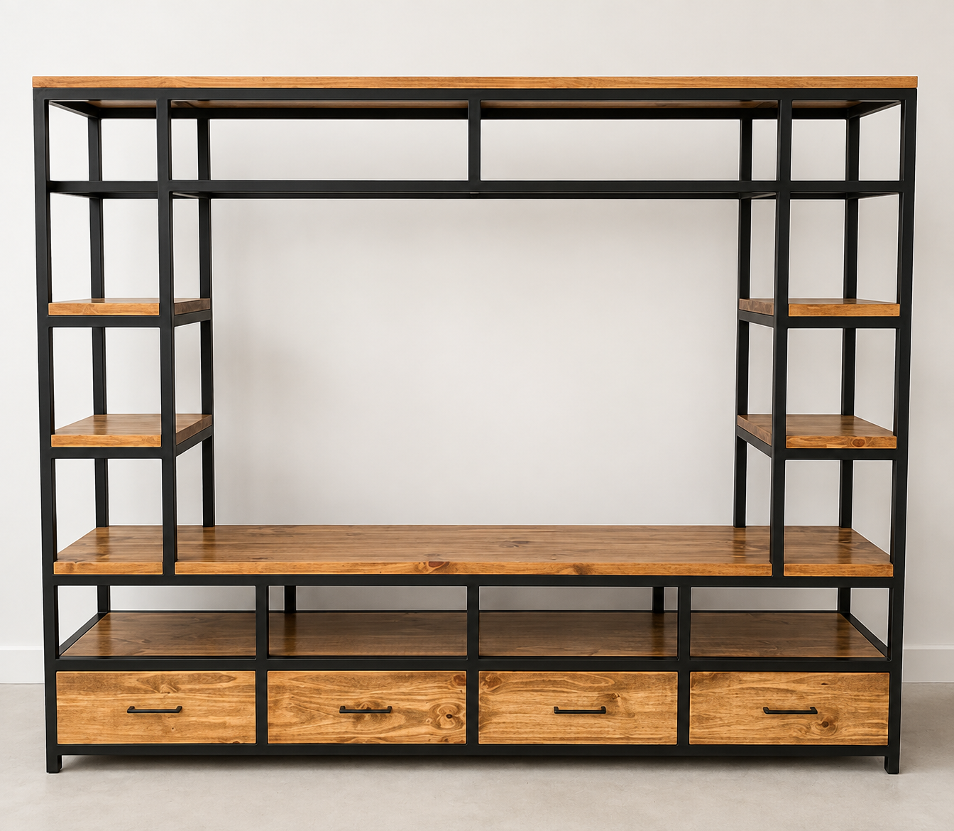 Rack para TV con estantes y cajones · Hierro caño 30-30 epoxi negro · Pino 18/30 mm tono roble oscuro, hidrolaca satinada · Correderas Hafele · Córdoba — mueble a medida de RGM Soluciones